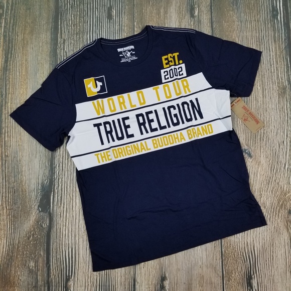 blue and yellow true religion shirt